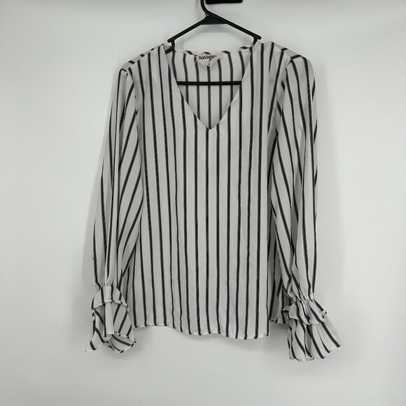 Savanna Jane‎ Women's Stripe Blouse Size Medium Ruffle Sleeve V-neck - Picture 1 of 7